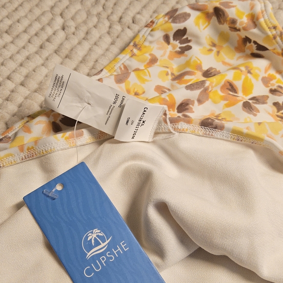 NWOT Size XL Cupshe Yellow and Brown Floral High Waisted Bikini Bottoms - Picture 6 of 8